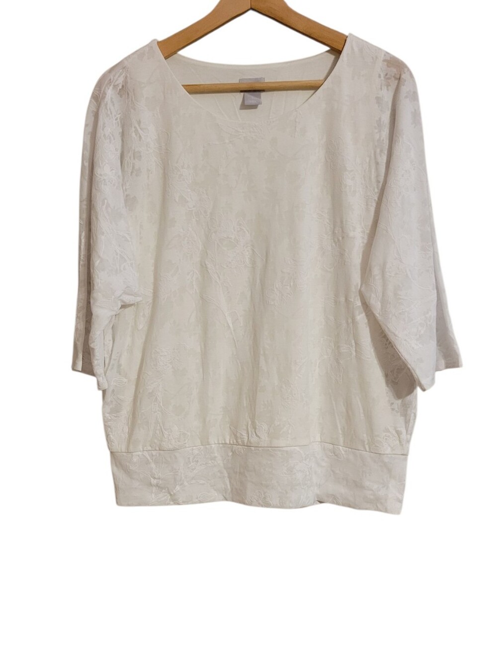 Chico's White Floral Burnout 3/4 Sleeve Top